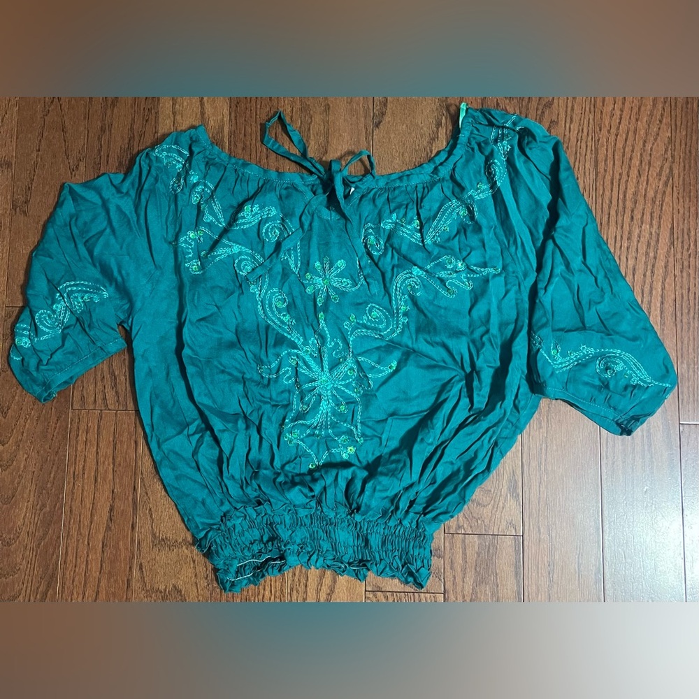 Teal boho chic embroidered top